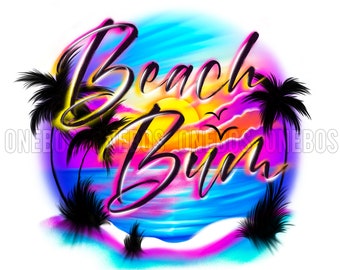 May include: A colorful illustration of a sunset over the ocean with palm trees and the words "Beach Bum" in black and yellow lettering.