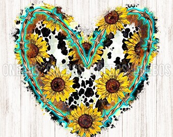 Puede incluir: Un diseño en forma de corazón con un patrón de piel de vaca con manchas negras y blancas. El corazón está bordeado de alambre de púas y acentuado con girasoles amarillos brillantes.
