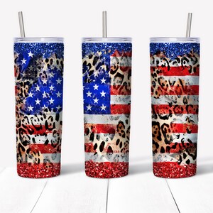 May include: Three stainless steel tumblers with a red, white, and blue American flag design. The flag is overlaid with a leopard print pattern. The tumblers have a glitter finish.