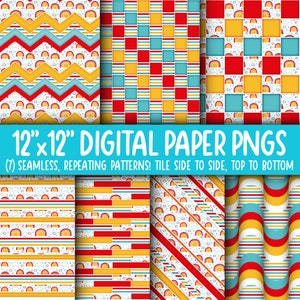Wallpaper Achtergrond - Digitaal Papier | Naadloos | Chevron, baksteen, strepen, golvende retro | Regenbogen, Doodle, Wolken, Strepen, Rood WA55LL-A201