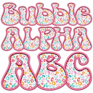 Alfabeto PNG retro de leopardo rosa, bordado falso Boho Stitch Alpha, letras de primavera pastel, imágenes prediseñadas de sublimación, Pascua, burbuja redonda en negrita