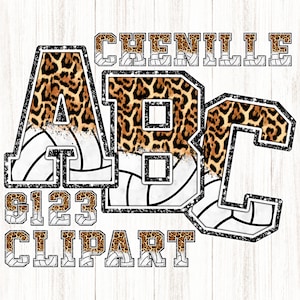 May include: A set of letters A, B, and C in a black and white volleyball pattern with a leopard print overlay. The letters are outlined in black and have a distressed look. The text "Chenille 123 Clipart" is below the letters.