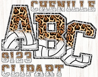 Può includere: Un set di lettere A, B e C in un motivo a pallavolo bianco e nero con un'overlay di stampa leopardata. Le lettere sono contornate di nero e hanno un aspetto usurato. Il testo "Chenille 123 Clipart" è sotto le lettere.