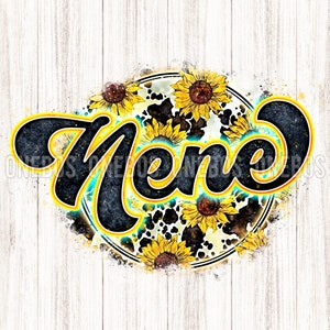 Digital Nene PNG mit Kuh Sonnenblume Print | Retro Buchstaben Aquarell Textur | Cooles Grunge Circle Sublimation Design | Printable Transfer