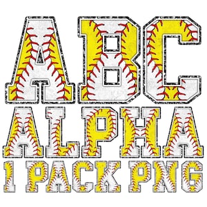 Alfabeto de mezcla de softbol de béisbol digital PNG, amarillo, blanco, patrón de puntadas, letras y números de imágenes prediseñadas de sublimación, equipo universitario, bloque, deportes