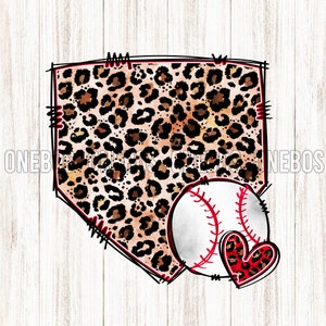 May include: A baseball home plate with a leopard print design and a baseball with a red heart on top. The home plate is outlined in black and has red stitching.
