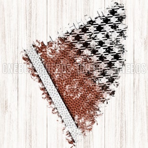 May include: A distressed brown and white football with a black and white houndstooth pattern on a white wood background.