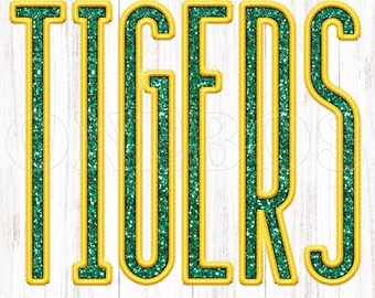 タイガースマスコットPNG、ゴールドステッチグリーングリッター、フェイク刺繍タイガースマスコットプリント、デジタルダウンロード、グリッター、昇華転写、クリップアート転写