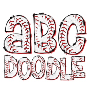 Op de afbeelding: Zwart-witte illustratie van de letters "ABC DOODLE" met een baseball-steekpatroon. De letters zijn zwart omlijnd en hebben een rood steekpatroon.