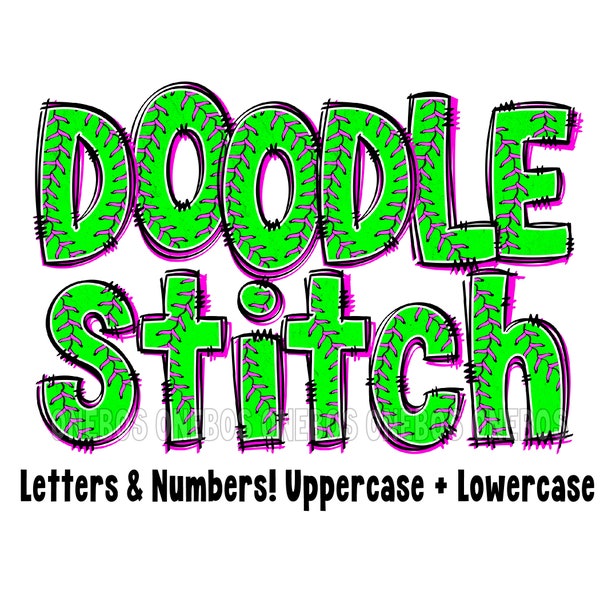 Green & Pink Softball Baseball Doodle Alphabet, Green Letters with Pink Stitches, Virgules, Uppercase Lowercase and Numbers, Sublimation PNG