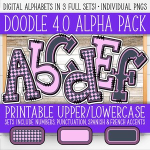 Conjunto de números do alfabeto para placas - Doodle 4.0 | +Francês e Espanhol | Paredes/Porta do Professor | Xadrez rosa e marinho, Retro Racing AL55BOD4-A171