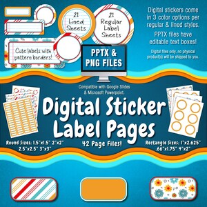 Op de afbeelding: Een set digitale sticker-etiketpagina's met 42 pagina's in verschillende formaten en stijlen. De set bevat gelinieerde vellen, gewone etiketvellen, ronde etiketten met patroonranden en rechthoekige etiketten. De etiketten zijn compatibel met Google Slides en Microsoft PowerPoint. De afbeelding bevat de tekst "PPTX & PNG FILES".