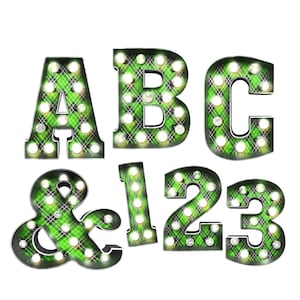 Descarga digital / Marquee 2.0 - Alfabeto de marquesina navideña a cuadros a cuadros verdes / PNG Image Graphic Clipart Bundle Set / Letras de sublimación