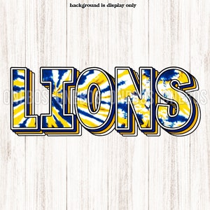 Lions Mascot Digital Download PNG, Tie-dye Gold & Blue, School Spirit Design for Sublimation, Printable Clipart Transfer