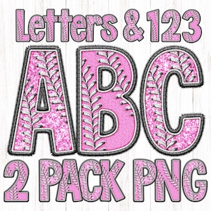 May include: Pink glitter letters and numbers with a baseball stitch design. The letters spell out "ABC" and the numbers spell out "123". The text "2 PACK PNG" is also included in the image.