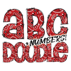 Descarga digital / Doodle Red Paisley Bandana Pattern Fill / PNG Clipart Bundle Alphabet Pack / Letras y números