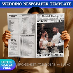 May include: A wedding newspaper template with the headline "Wedding Newspaper Template." The newspaper features a "Wedding Word Jumble" and "Jumble Word Hunt." The front page includes a photo of a bride and groom with the text "Jane & Jack Are Getting Married."