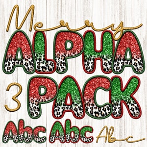 Digital Glitter Leopard Alphabets, 3 Pack, Faux Embroidery Bubble Stitch Border, Christmas, Merry V.1, Green Red Gold, Script, PNG Printable