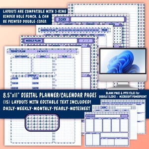 May include: A digital planner and calendar page template with 15 layouts. The pages are designed in a purple and blue color scheme with a geometric pattern. The text on the page says "8.5"x11" Digital Planner/Calendar Pages (15) Layouts with Editable Text Included! Daily - Weekly - Monthly - Yearly - Notesheet".