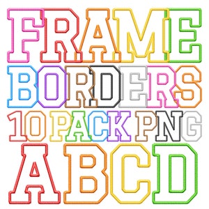 Borde de marco de puntada PNG, Alfabeto atlético, Paquete de 10 contornos de bordado falso, Básico escolar, Rojo naranja amarillo verde rosa azul, Espacios en blanco
