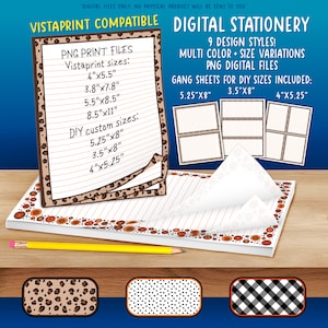 May include: Digital stationery printable templates with leopard print, polka dot, and checkered patterns. The printable sheets are compatible with Vistaprint and include 9 design styles in various sizes, including 4x5.5 inches, 3.8x7.8 inches, 5.5x8.5 inches, 8.5x11 inches, 5.25x8 inches, 3.5x8 inches, and 4x5.25 inches.