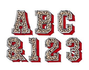 Digital Doodle | Athletic Varsity Sports College School Letters - Red & Leopard Pattern | PNG | Hand Drawn Alphabet Clipart Bundle No.7b