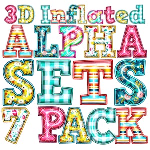 Lot de 7 alphabets gonflés PNG, lot de 7 ensembles alpha complets gonflés 3D, lot alpha de Pâques printemps, fleurs et rayures, arc-en-ciel pastel