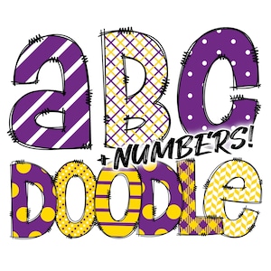 Digital Download | Doodle Purple Gold Pattern Fill 1 | PNG Clipart Bundle Alphabet Pack | Letters and Numbers