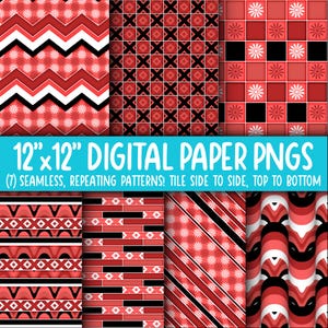 Behangachtergrond: digitaal papier | Naadloos | Bloemen, diamanten, geruit, groovy, rood, zwart, wit WA55LL-A263