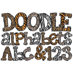 Leopard Tiger PNG Alphabet Dundle, Leopard Tiger Zebra Animal Pattern Doodle Letter Fills, 4 Pack Full Alpha Sets, Mix n Match Patterns