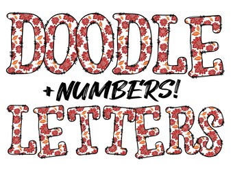 Può includere: Lettere e numeri doodle con un motivo floreale rosso, arancione e bianco.