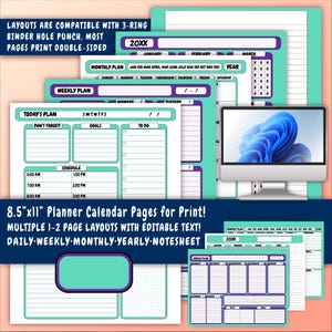 以下が含まれることがあります： 印刷可能なプランナーカレンダーページ、約21.6cm x 28cm。ページには、編集可能なテキストを含む、日次、週次、月次、年次のレイアウトが含まれています。デザインは、ターコイズと紫色のカラースキームが特徴です。レイアウトは3リングバインダーに対応しています。