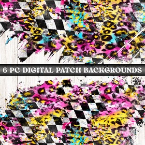 Op de afbeelding: Zes digitale achtergronden met een geruit patroon met roze, gele en blauwe luipaardprint overlays. Het geruite patroon doet denken aan een racevlag. De achtergronden hebben een verweerde, grunge-esthetiek.