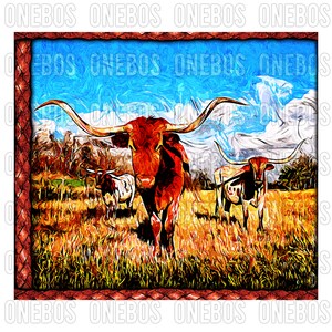 Longhorn-målning Tumbler Art Wrap, Country Western, Läderbältesöm, Utomhus Bondgård Rustik, Impressionism, Sublimeringstryck Slim 20oz