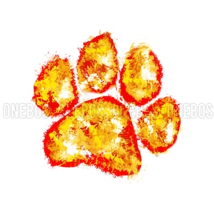 May include: A red and yellow paw print painted on a white background. The paw print is stylized and has a rough, textured look.