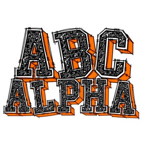 Digitale Doodle Alfabet PNG, Varsity College Sports Athletic 3d Shadow Letters, Oranje Zwart Wit, Leopard Cheetah Fill Pattern No.7b