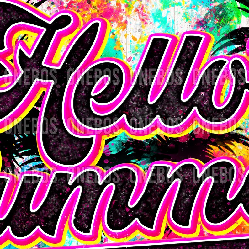 Peut inclure: Un design graphique color&eacute; avec le texte "Hello Summer" dans une police noire, rose et jaune. L'arri&egrave;re-plan est un design abstrait color&eacute; avec des &eacute;claboussures de couleur.