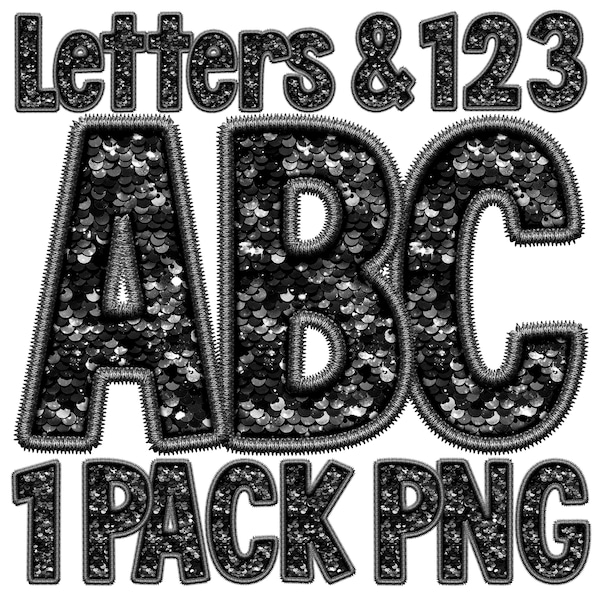 Black Sequin Alphabet, Sequin Fill Letters, Faux Embroidery Stitch Alpha, Sublimation Transfer Art