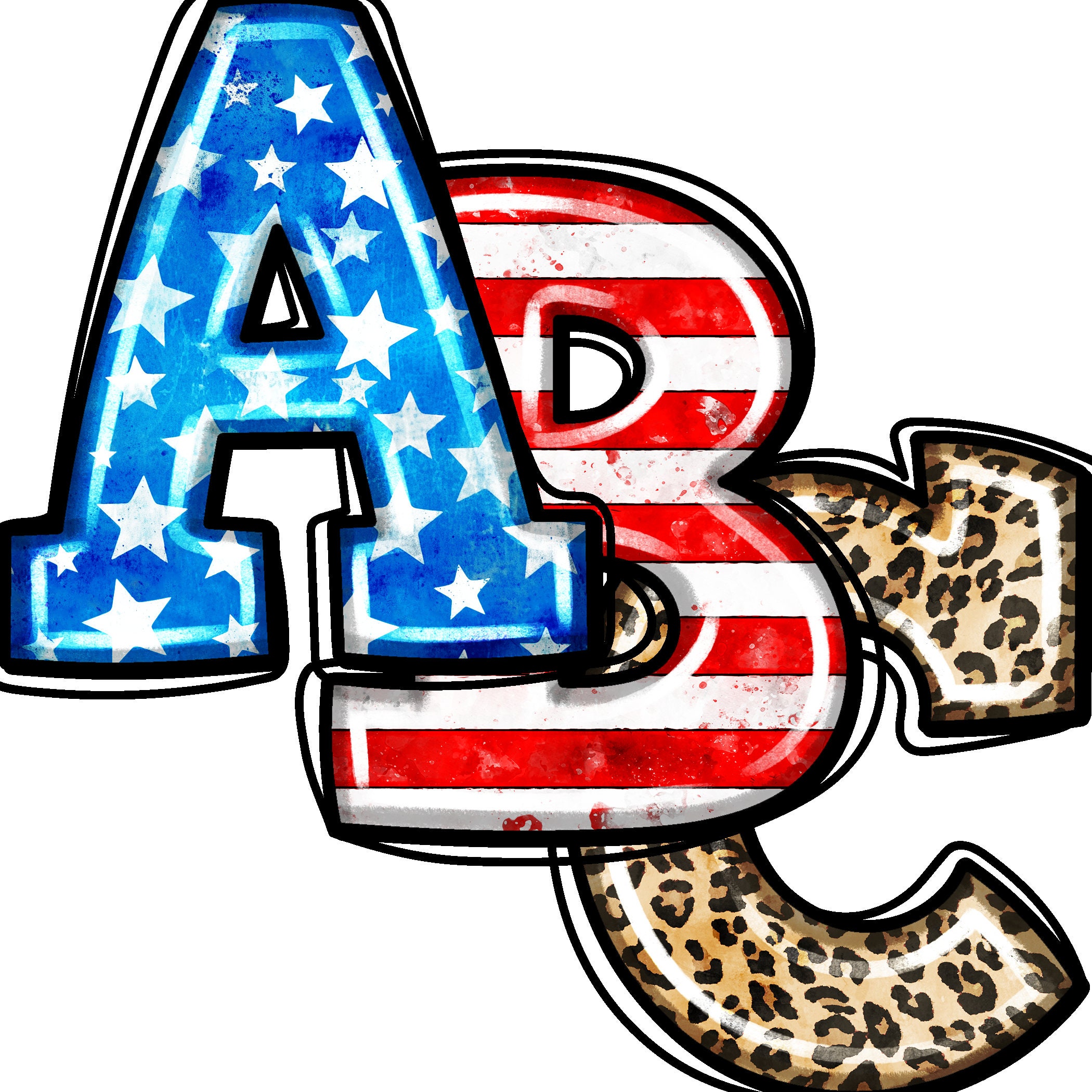 Stars Stripes Leopard Doodle Alphabet PNG, Digital Download, Casual ...