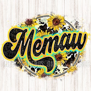 Digital Memaw PNG, Retro Groovy Letters Tail on Round Background, Cow Sunflower Print, Cool Grunge Sublimation Design / Printable Transfer