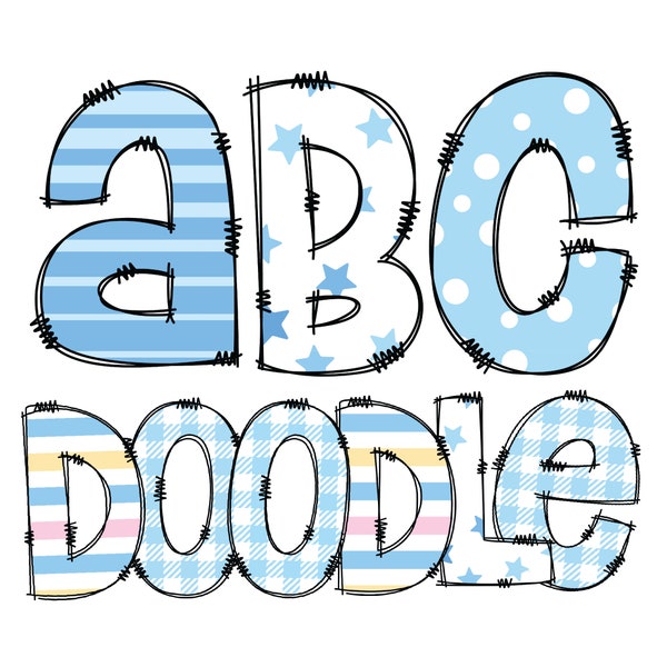 Digital Download | Doodle Letters Blue Pastel 1 Pattern Fill | PNG Clipart Bundle Alphabet Pack | Letters and Numbers