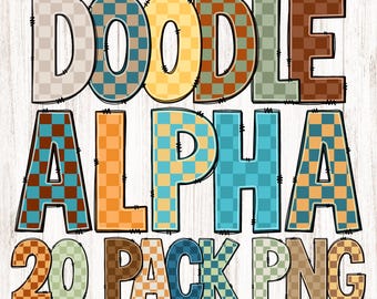 秋のチェック柄プリントPNGアルファベット、秋のアルファベットバンドル、20セット、ベーシックドゥードゥルV3、ベージュブラウンセージウィートパンプキンデニムジャバ、デジタルダウンロード