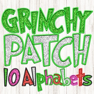 Paquete de 10 parches digitales Grinchy Alpha PNG con purpurina, alfabetos divertidos de películas navideñas con bordado falso, conceptos básicos de relleno con purpurina, sublimación