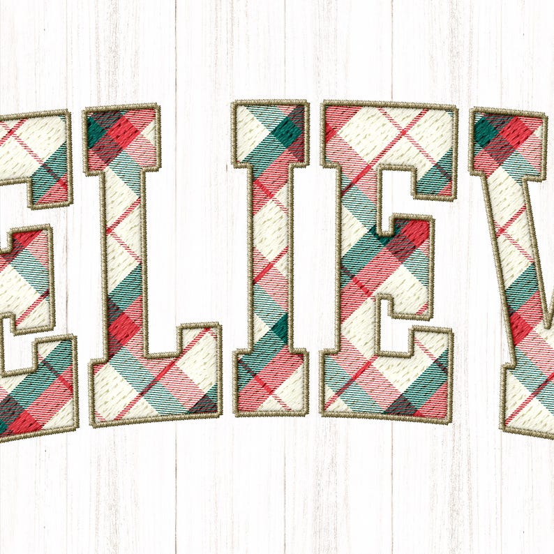 Believe PNG, Faux Embroidery Design, Christmas PNG, Red Green Gold