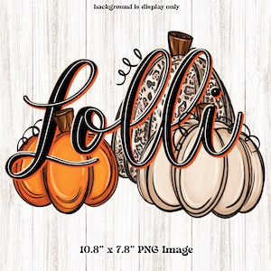 May include: A digital illustration of the word "Lolli" in black script with three pumpkins behind the letters. The pumpkins are orange, white, and brown with a leopard print pattern.
