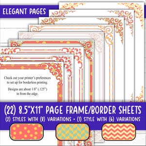 May include: Twenty-two 8.5 by 11 inch printable page frame or border sheets.  Two styles with eight variations and one style with six variations.  The frames feature a red, yellow, and gold design with polka dots, chevron, and floral patterns.