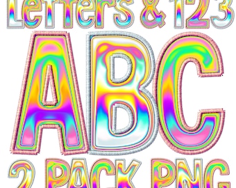 May include: A digital download of two packs of iridescent rainbow letters and numbers. The letters are A, B, and C. The numbers are 1, 2, and 3. The text "Letters & 123" and "2 Pack PNG" are also included in the image.