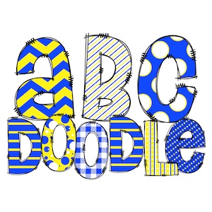 Doodle Alphabet, amarillo azul y blanco, 1 juego de letras con patrones alternos para Mix n Match, Preppy, Polka Dot Plaid Stripes Hatch