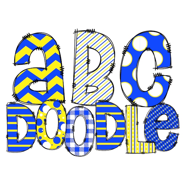 Doodle Alphabet, Yellow Blue and White, 1 Set of Letters with Alternating Patterns for Mix n Match, Preppy, Polka Dot Plaid Stripes Hatch