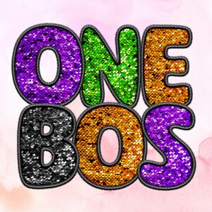 May include: A colorful sequined patch with the words "ONE BOS" in black, purple, green, and orange.